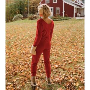 Albion Merry V-Neck Long Sleeve Lounge Bamboo Jumpsuit Cranberry Red Size XS